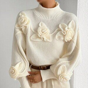 Apricot Casual Women's Loose Floral Print Turtleneck Pullover Sweater